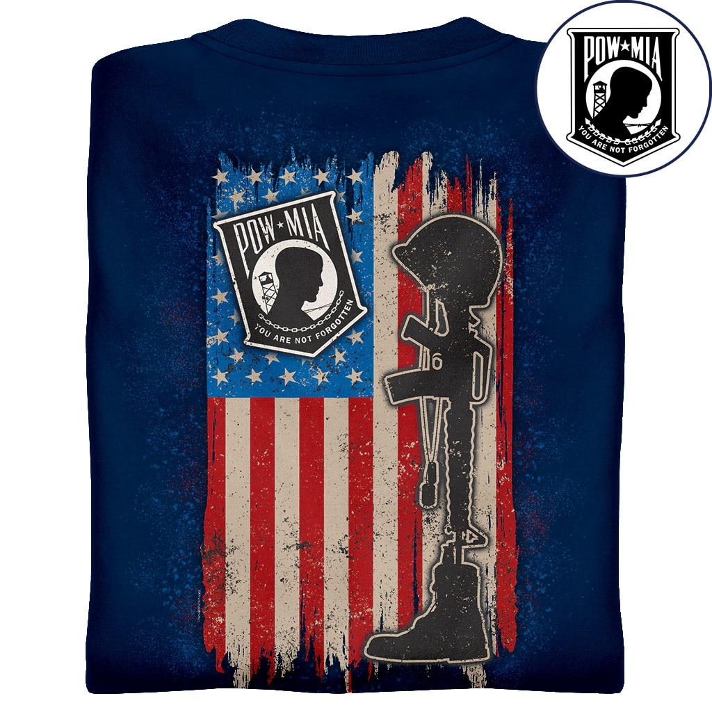 American Flag T-Shirt with POW-MIA Emblem & Soldiers Cross