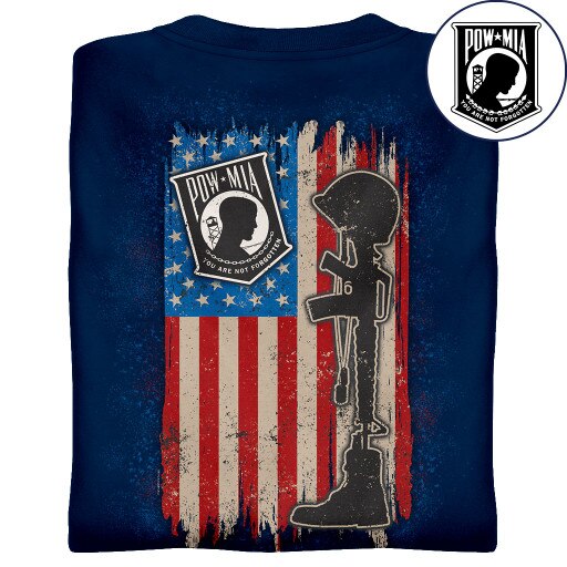 American Flag Shirt with POW-MIA Emblem & Soldiers Cross